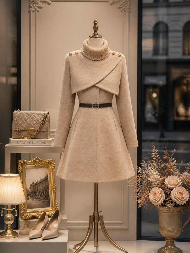Vintage Camel Turtleneck Capelet Belted Wool A-Line Dress