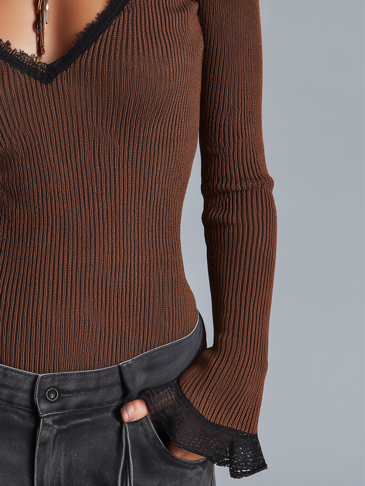 Vintage Rust Brown Mesh Cutout Ribbed Knit Top