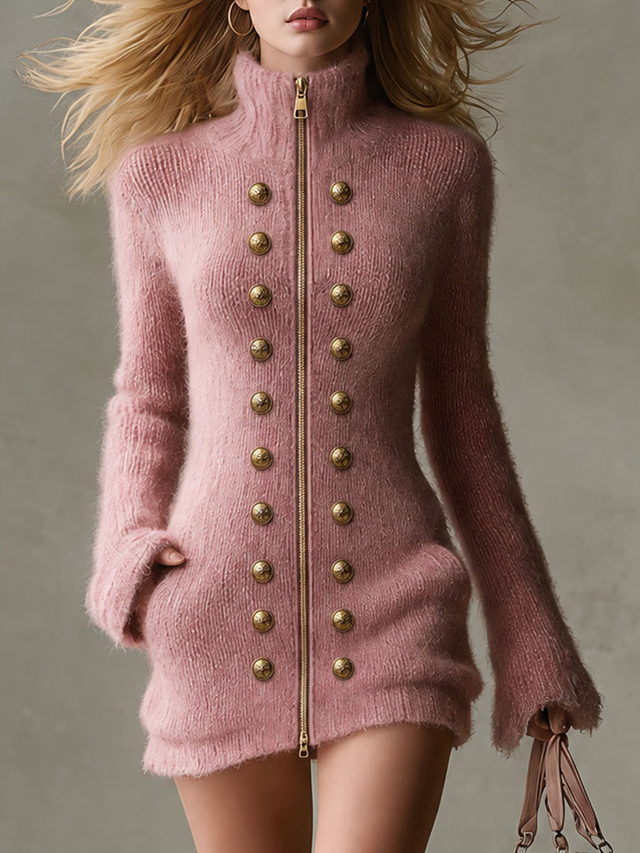 Retro-elegant Double-breasted Decorative Button Pink Knit Zipper Turtleneck Mini Dress
