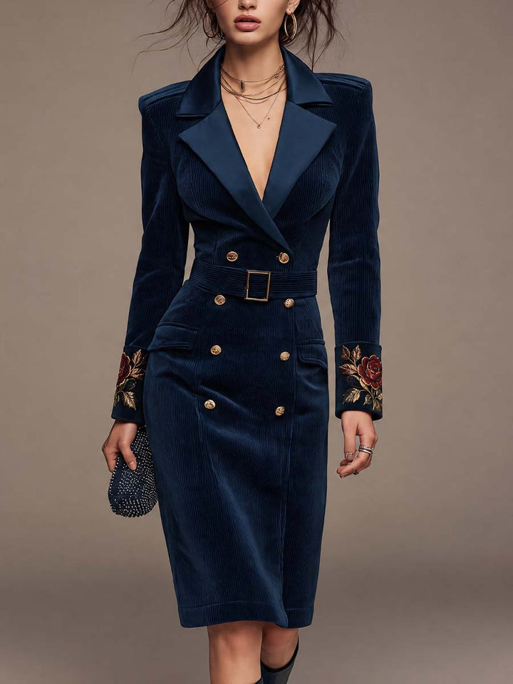 Corduroy Double-Breasted Blazer Dress with Embroidered Cuffs and Belt