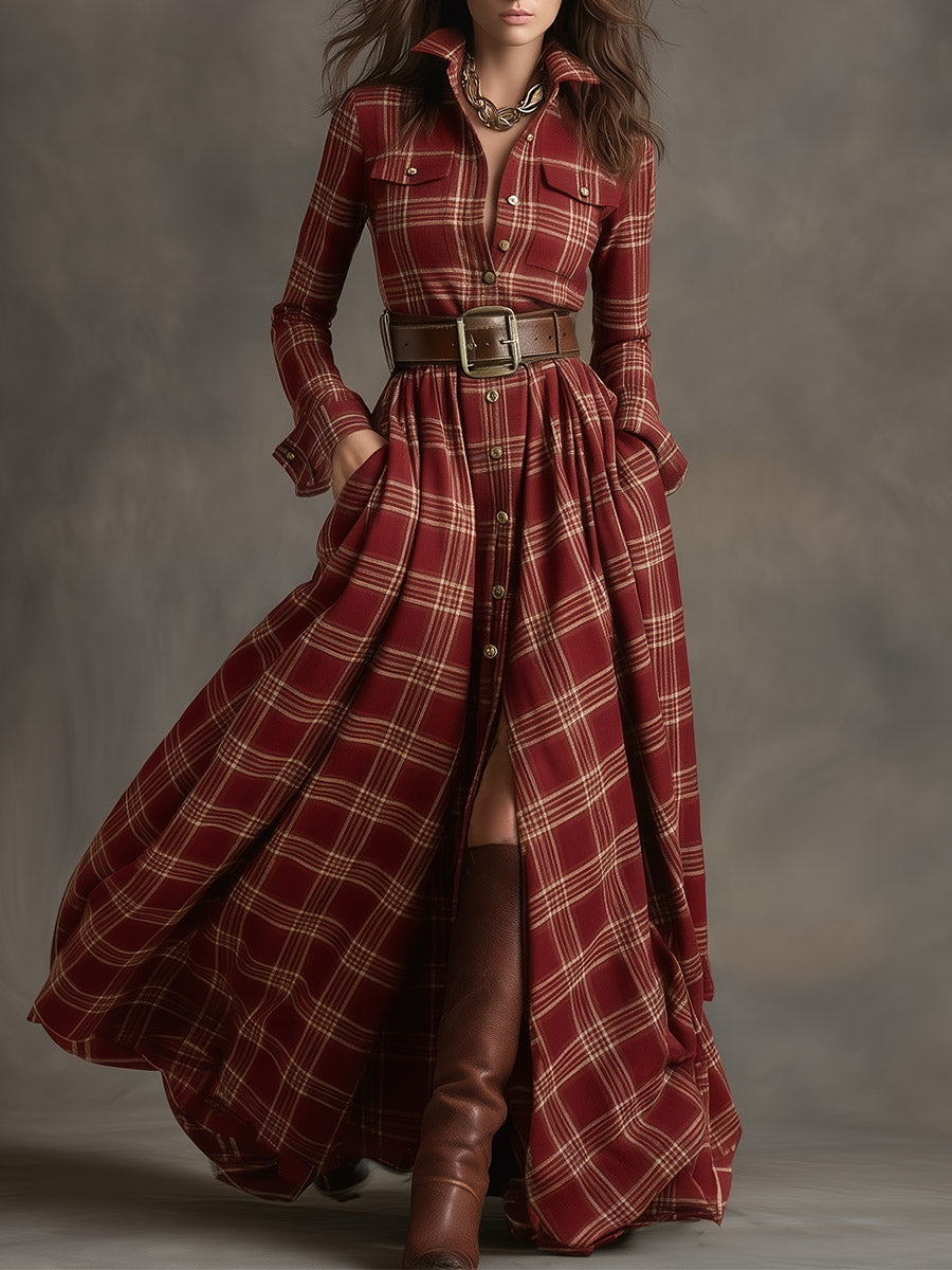 Women's Red Plaid Long Sleeve Button-Up Shirt Maxi Dress