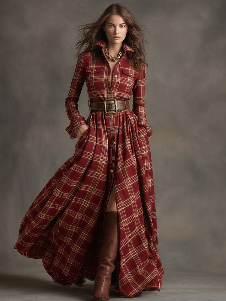Women's Red Plaid Long Sleeve Button-Up Shirt Maxi Dress