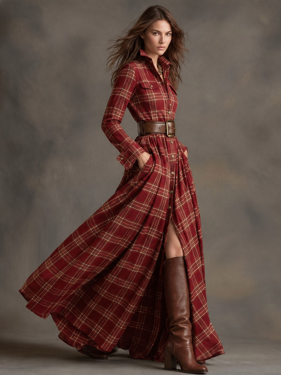 Women's Red Plaid Long Sleeve Button-Up Shirt Maxi Dress