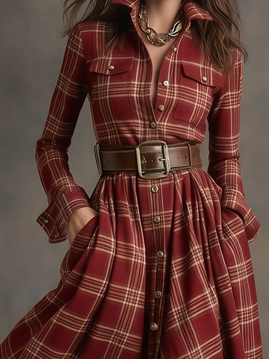 Women's Red Plaid Long Sleeve Button-Up Shirt Maxi Dress