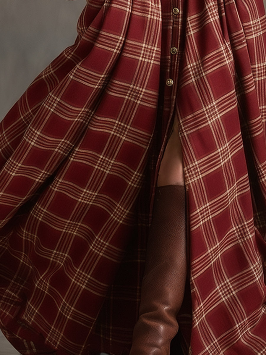 Women's Red Plaid Long Sleeve Button-Up Shirt Maxi Dress