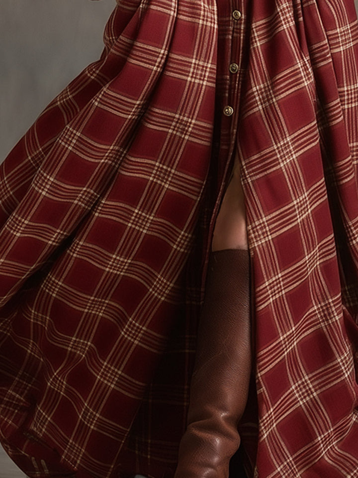 Women's Red Plaid Long Sleeve Button-Up Shirt Maxi Dress