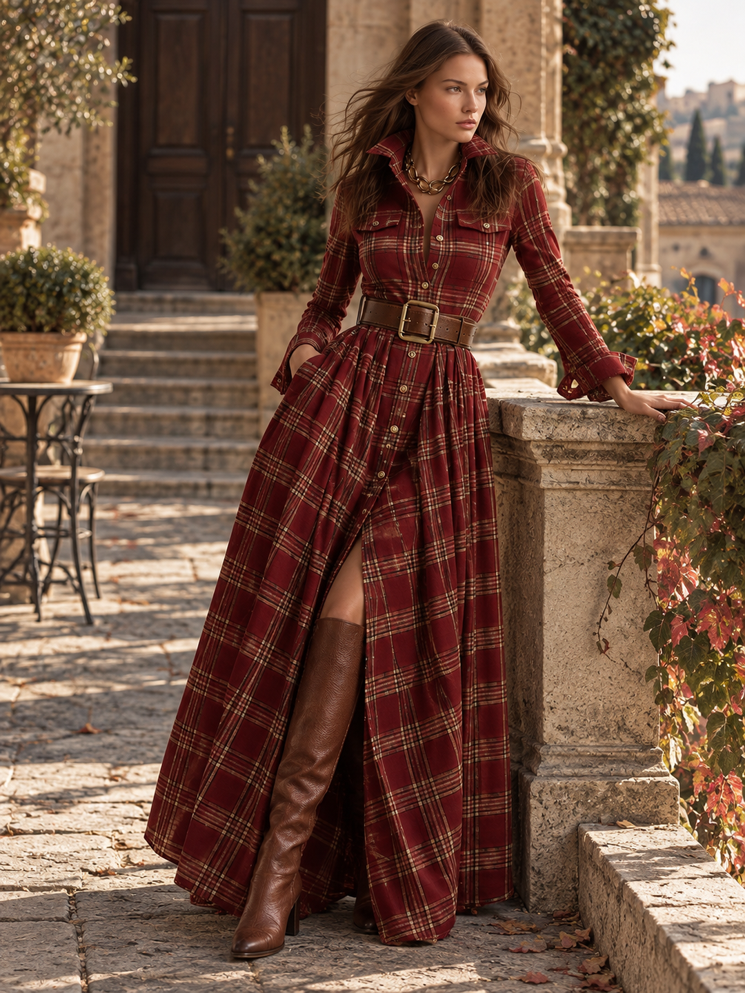 Women's Red Plaid Long Sleeve Button-Up Shirt Maxi Dress