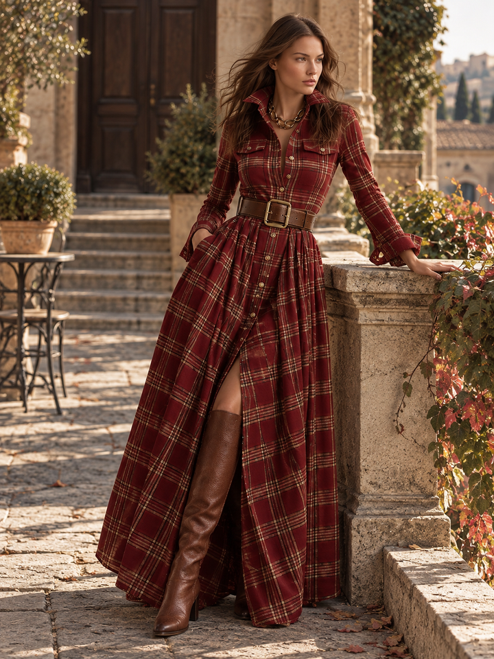 Women's Red Plaid Long Sleeve Button-Up Shirt Maxi Dress