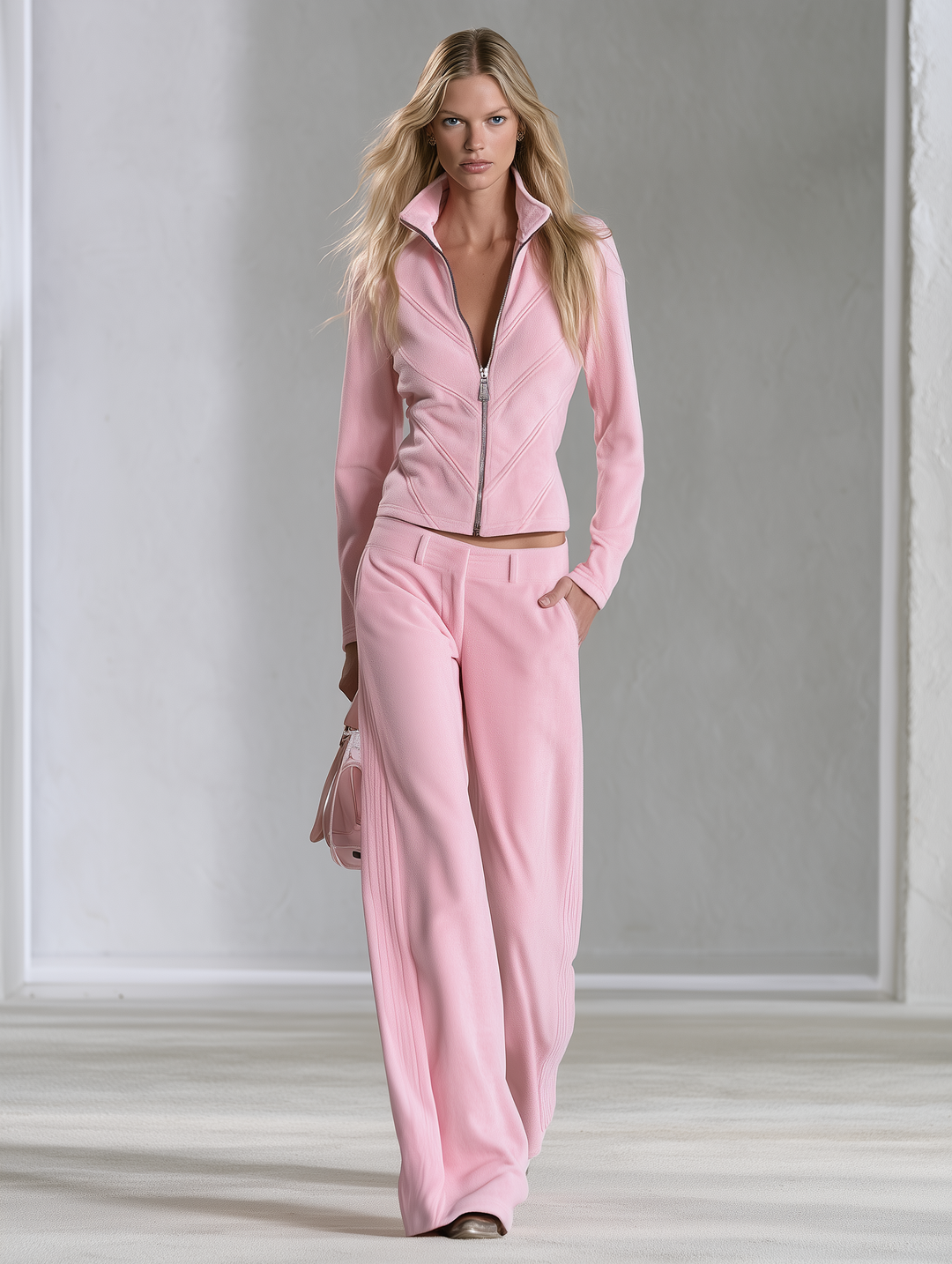 Retro Sporty Quilted Stitch Polar Fleece Zip Jacket And Pants Set