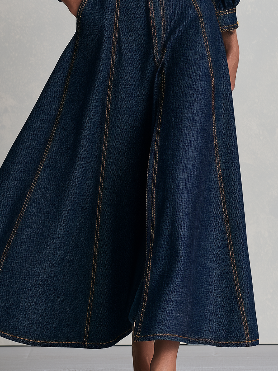Vintage Military Dark Wash Gold Button Denim Maxi Dress