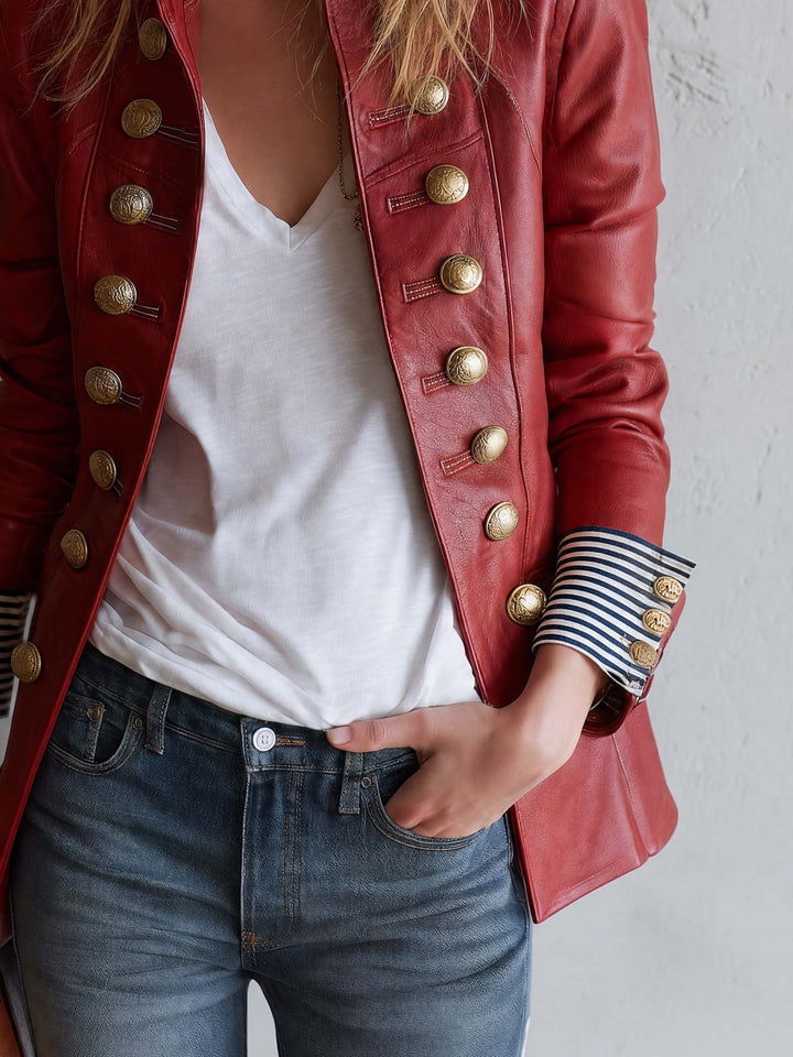 Vintage Military Red Faux Leather Gold Button Stand Collar Striped Cuff Jacket