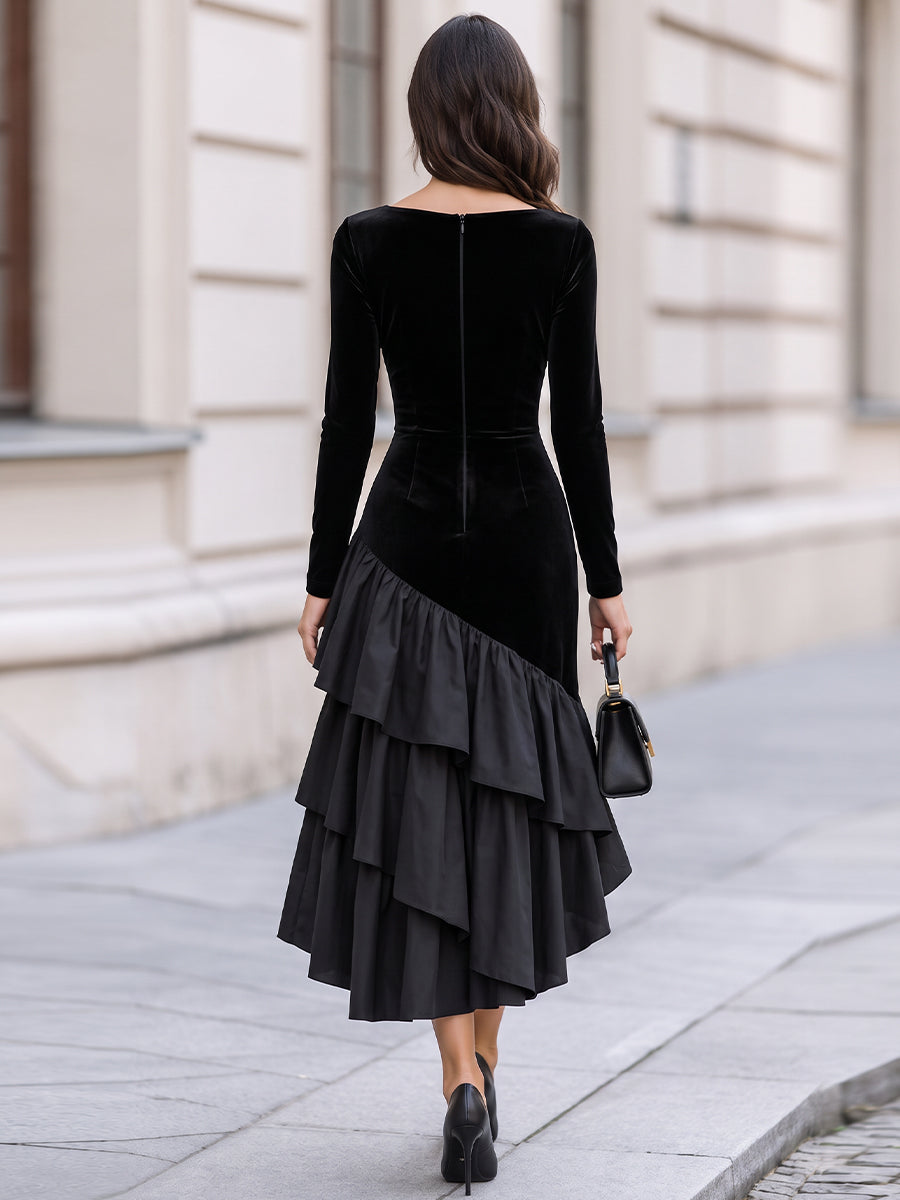 Black Velvet Satin Asymmetrical Ruffle High Low Midi Dress