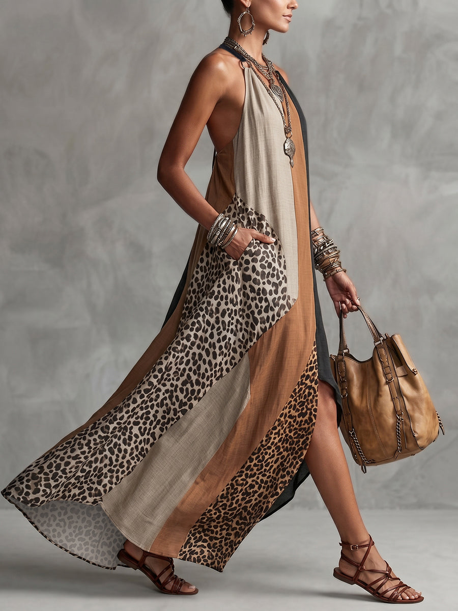 Myrna Leopard Halter Maxi Dress
