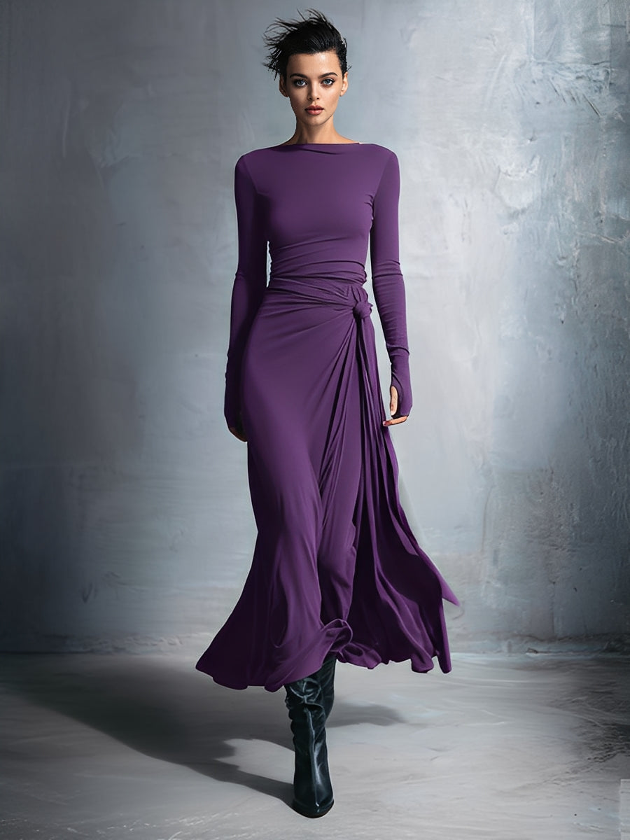 Women's Gray Exquisite Stretch Blended Fabric Wrap Dress - Knotted Maxi Dress