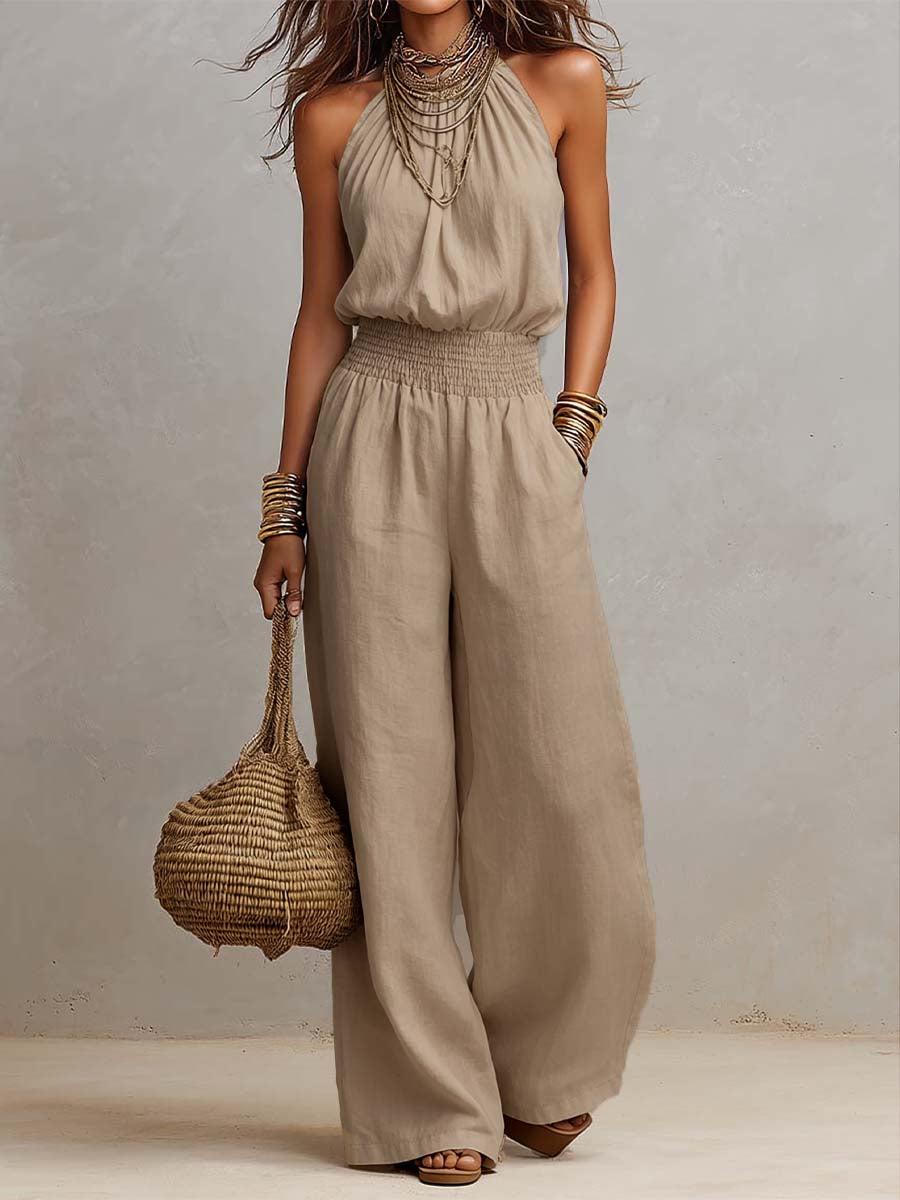 Donna Tan Linen Halter Neck Wide Leg Jumpsuit