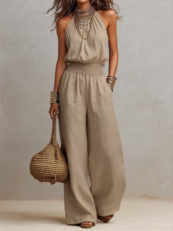 Donna Tan Linen Halter Neck Wide Leg Jumpsuit