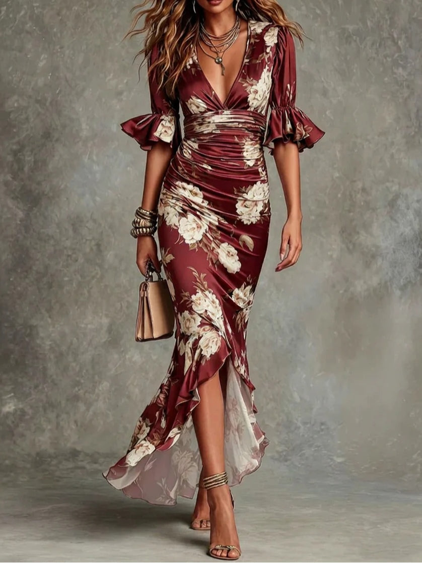 Linda Floral Ruffle Satin Maxi Dress