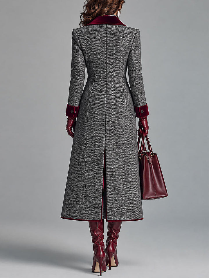 Elegant Herringbone Wool Long Coat with Velvet Trim