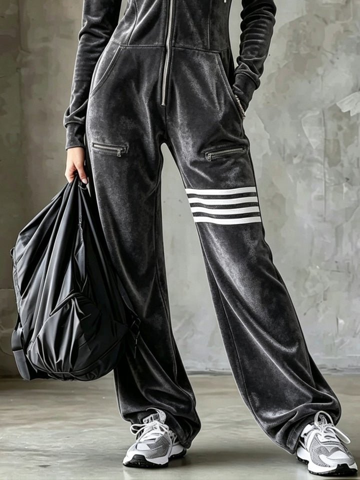 Velvet Hooded Zipper Wide Leg Jumpsuit