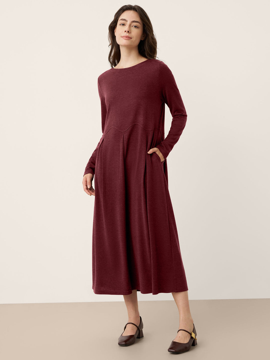 Wool Arc-Panel Sculpted Pleats Midi Dress