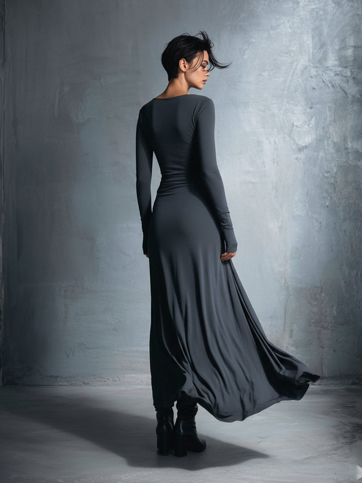 Women's Gray Exquisite Stretch Blended Fabric Wrap Dress - Knotted Maxi Dress