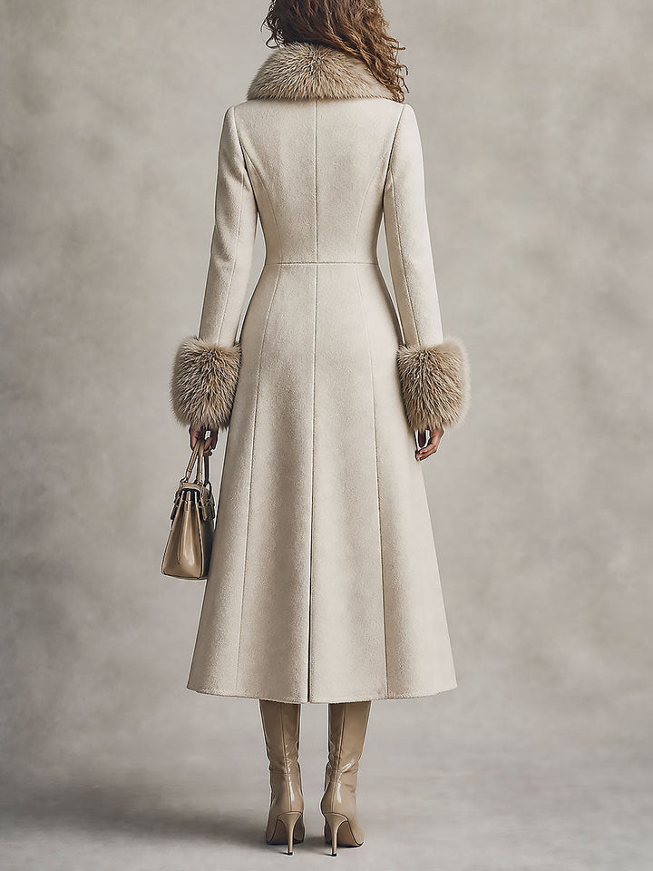 Quiet Luxury Fur-trimmed Collar Double-breasted Wool-blend Coat With Waist-cinching Fit