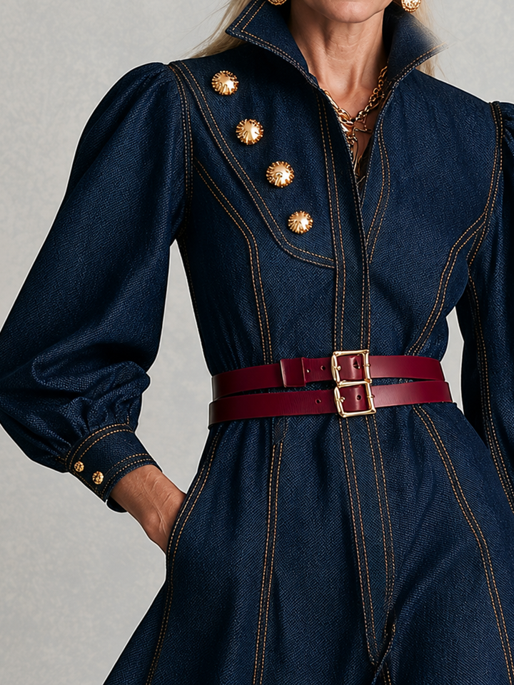Vintage Military Dark Wash Gold Button Denim Maxi Dress