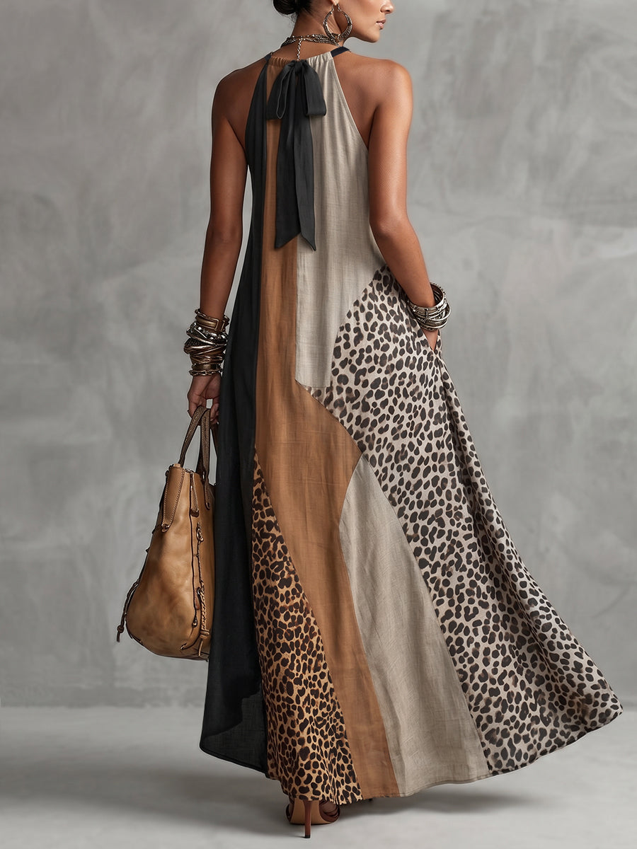 Myrna Leopard Halter Maxi Dress