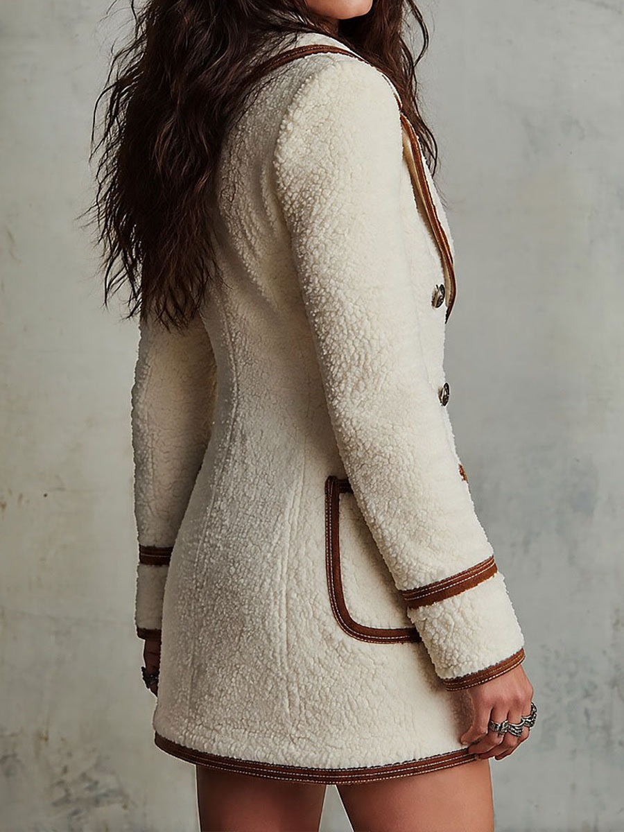 Boho Cream Sherpa Double-Breasted Coat with Brown Contrast Piping