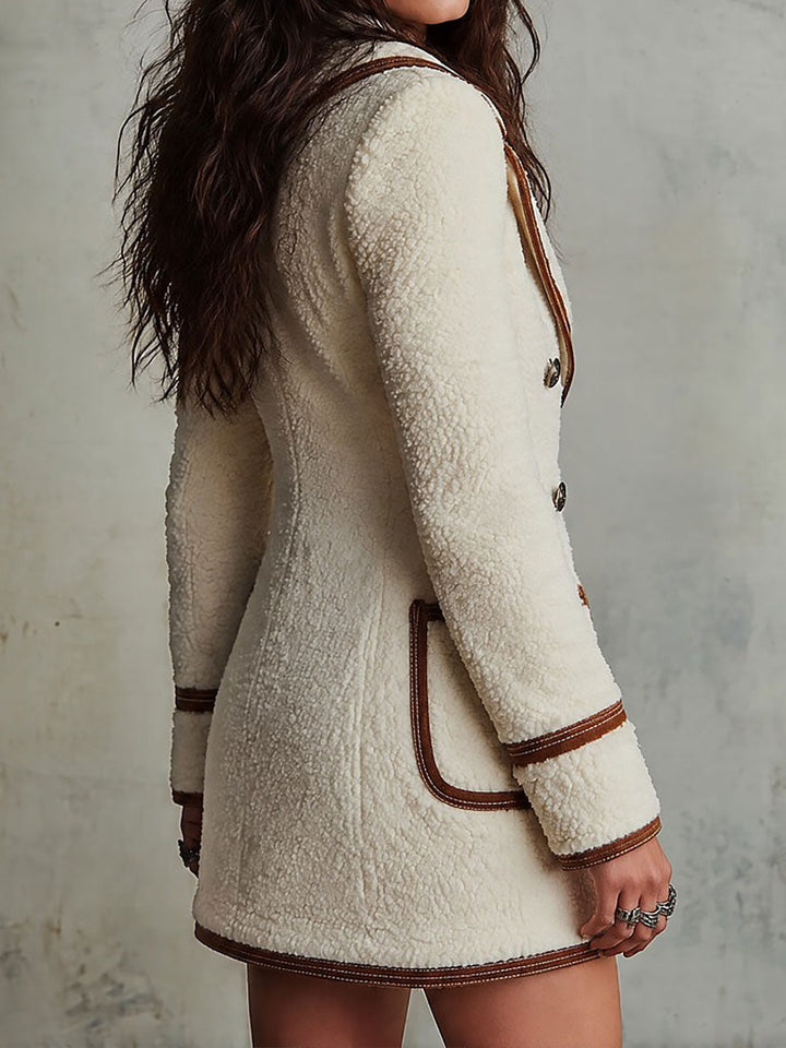 Boho Cream Sherpa Double-Breasted Coat with Brown Contrast Piping