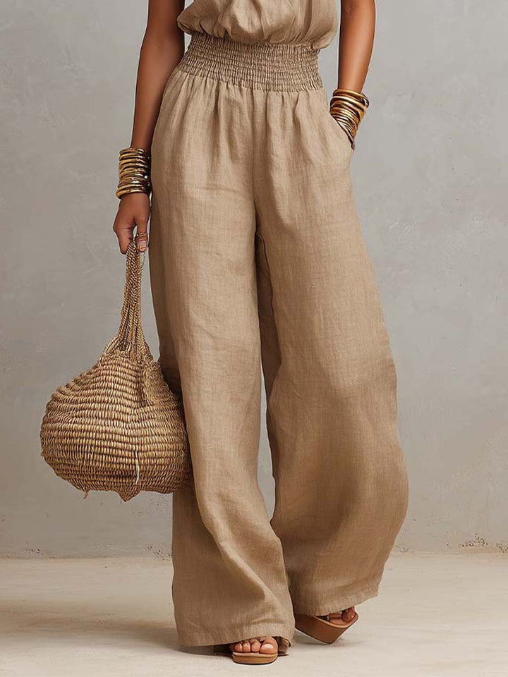 Donna Tan Linen Halter Neck Wide Leg Jumpsuit