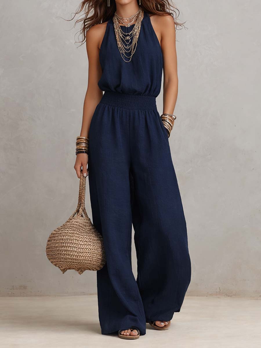 Donna Tan Linen Halter Neck Wide Leg Jumpsuit