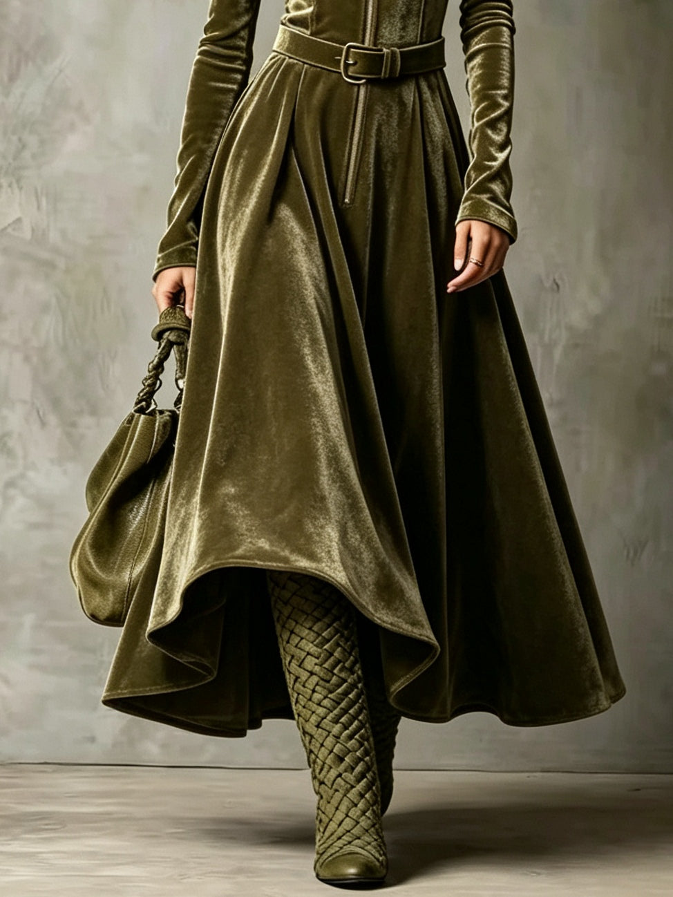 Vintage Olive Green Zip-Front Velvet Maxi Dress (Belt Included)