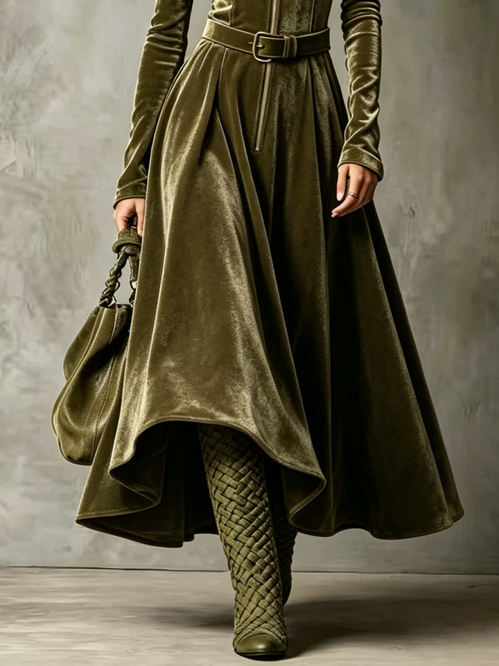 Vintage Olive Green Zip-Front Velvet Maxi Dress (Belt Included)