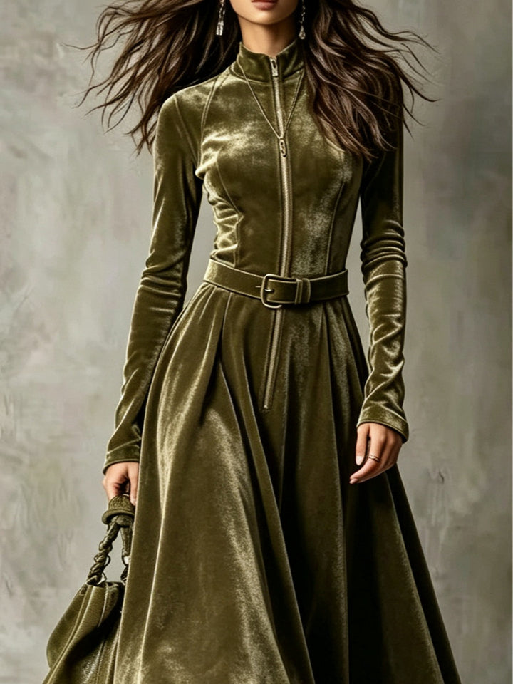 Vintage Olive Green Zip-Front Velvet Maxi Dress (Belt Included)