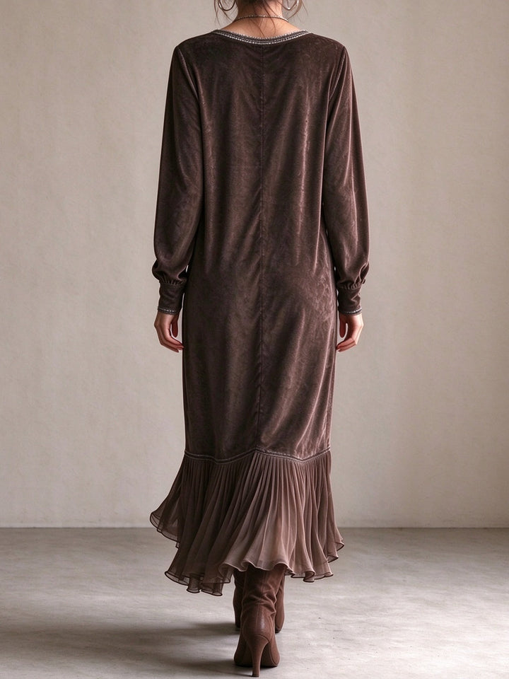 Elegant velvet Loose Midi Dress with V-Neck and Binding Detail