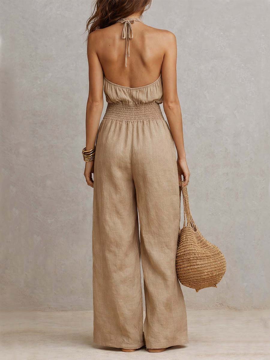 Donna Tan Linen Halter Neck Wide Leg Jumpsuit