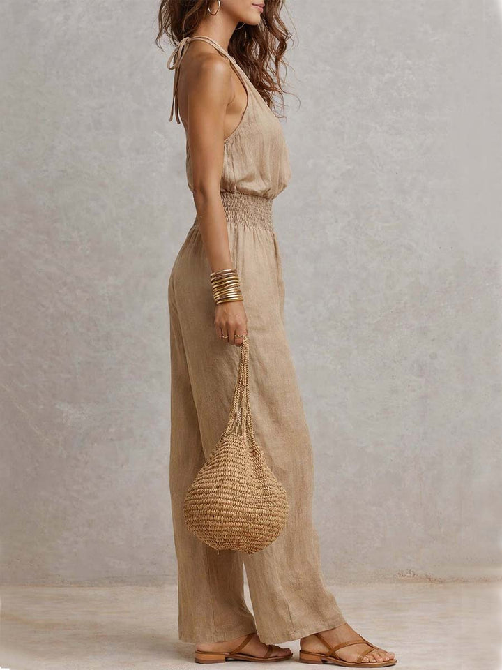Donna Tan Linen Halter Neck Wide Leg Jumpsuit
