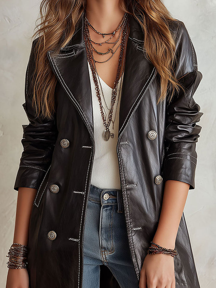 Vintage-style Black Eco-leather Double-breasted Trench Coat