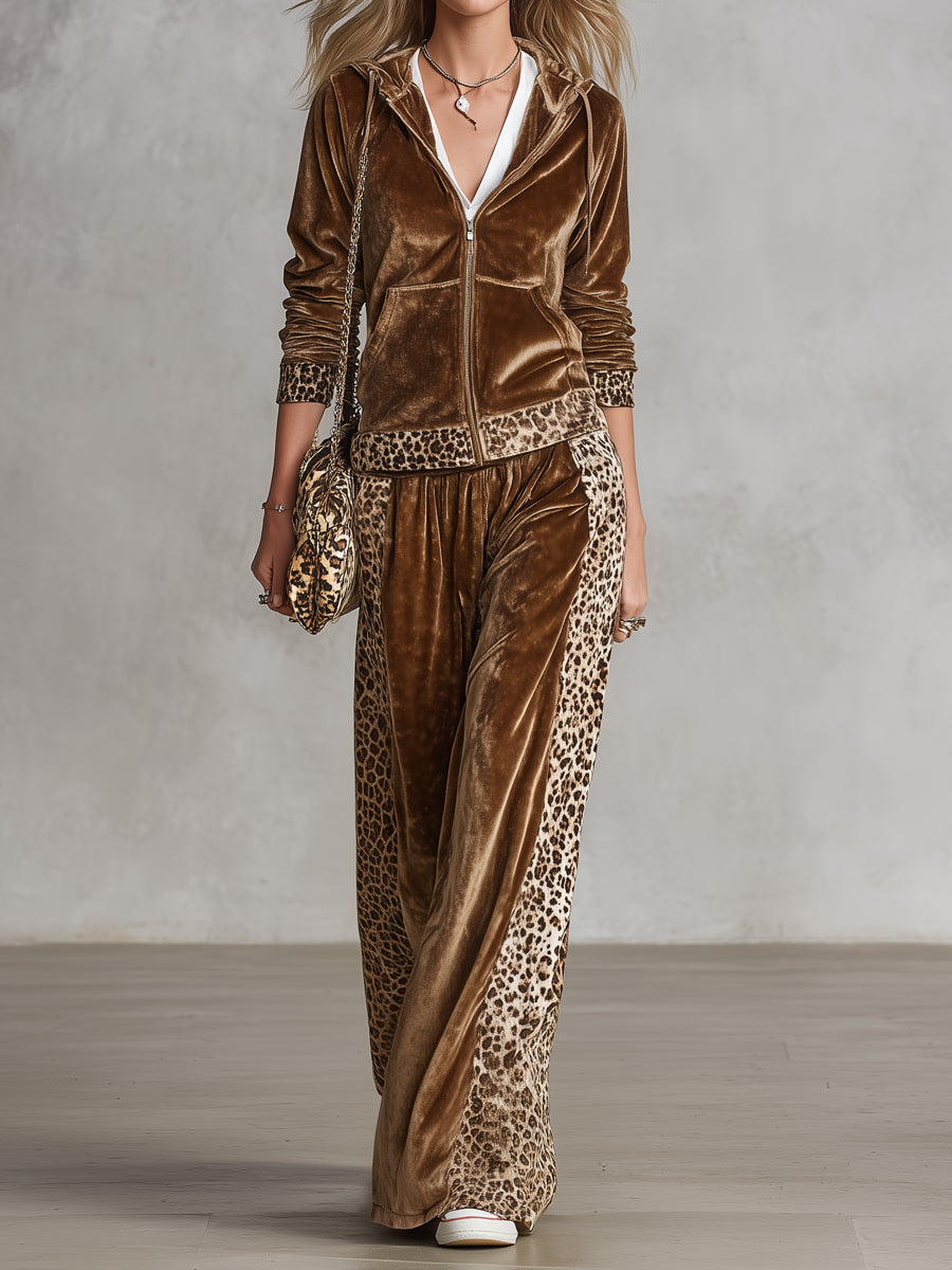 Vintage Western Leopard Trim Velvet Hooded Jacket And Wide-Leg Pants Set