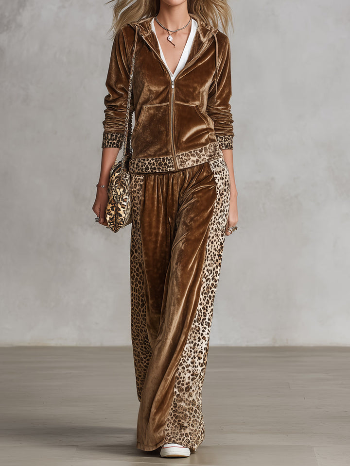 Vintage Western Leopard Trim Velvet Hooded Jacket And Wide-Leg Pants Set