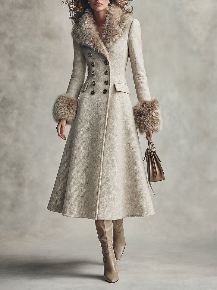 Quiet Luxury Fur-trimmed Collar Double-breasted Wool-blend Coat With Waist-cinching Fit