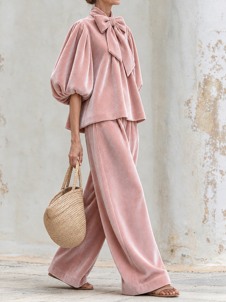Blush Pink Bow Neck Puff Sleeve Top and Wide-Leg Pants Two-Piece Set