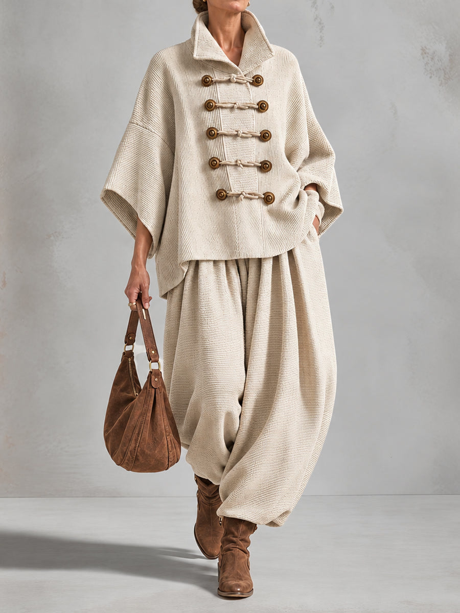 Oversized layered-collar toggle-fastening top and wide-leg trousers set
