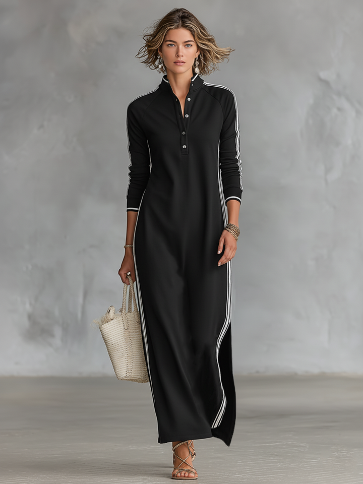 Women's Minimalist White-trimmed Button-down Collar Sweatshirt Maxi Dress MDA0958L0Y