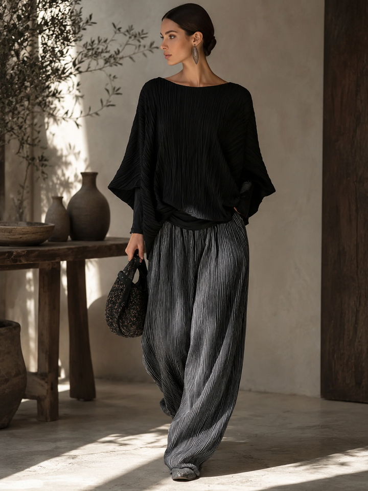 Relaxed Pleated Batwing Top and Wide-Leg Pants Two-Piece Set