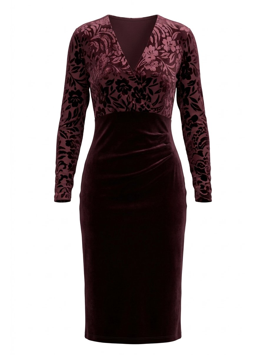 Purple Flocked Ruched Velvet V Neck Long Sleeve Sheath Midi Dress