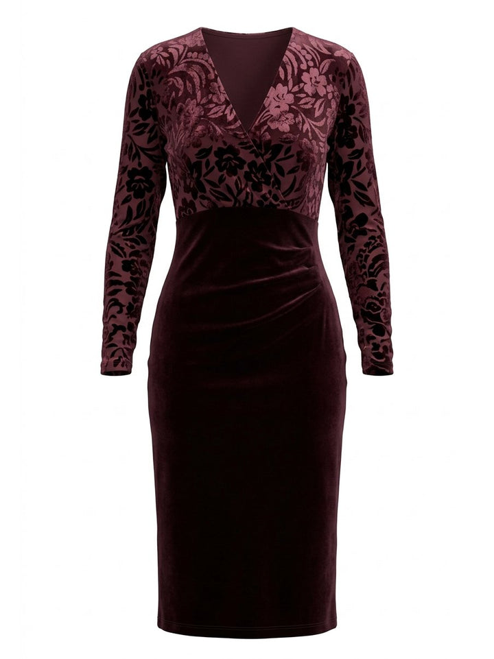Purple Flocked Ruched Velvet V Neck Long Sleeve Sheath Midi Dress