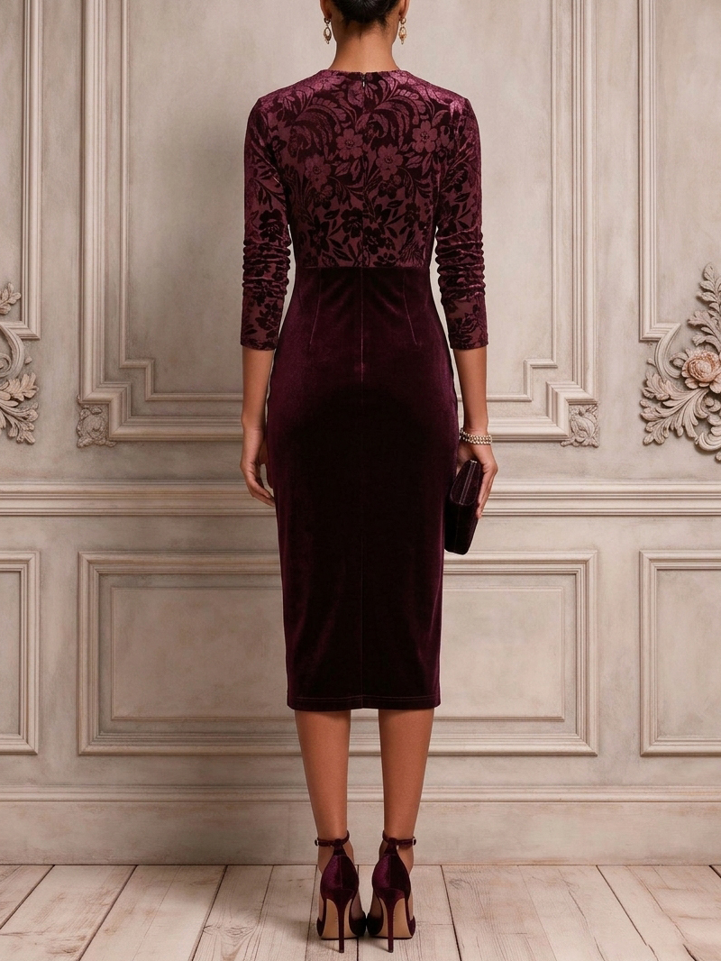 Purple Flocked Ruched Velvet V Neck Long Sleeve Sheath Midi Dress