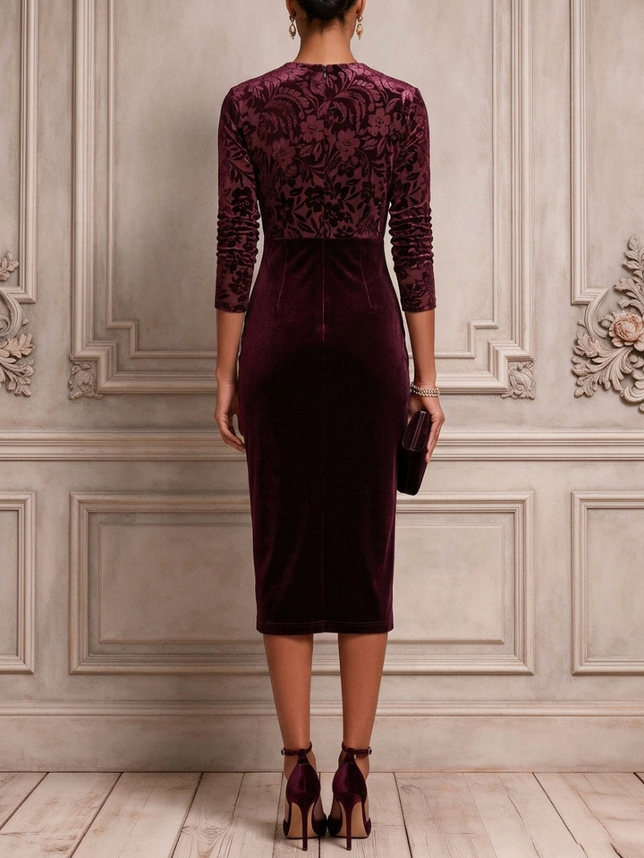Purple Flocked Ruched Velvet V Neck Long Sleeve Sheath Midi Dress